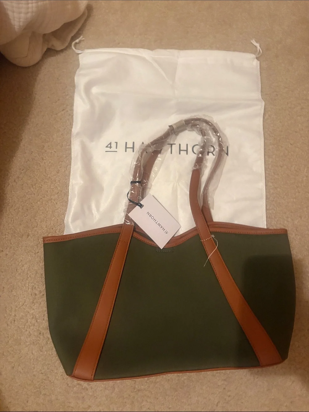 41 Hawthorne, NWT Olive Green Tote Bag with Tan Trim -